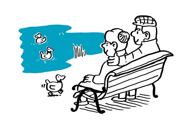 piirretty kuva jossa kaksi vanhaa ihmistä istuu penkillä ja katsoo sorsia lammella